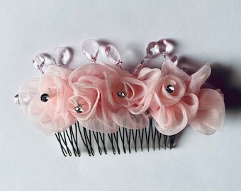 Pink Flower Crystal Hair Comb for Wedding Ballet Dance Variation Competition or Special Event features rosette roses sparkly rhinestones