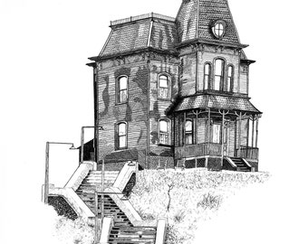 Alfred Hitchcock Psycho House Print, Bates Motel, Ink Drawing