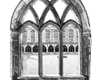 Durham Cathedral Cloisters, hand drawn print, pen and ink art