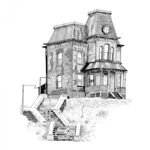 Alfred Hitchcock Psycho House Print, Bates Motel, Ink Drawing