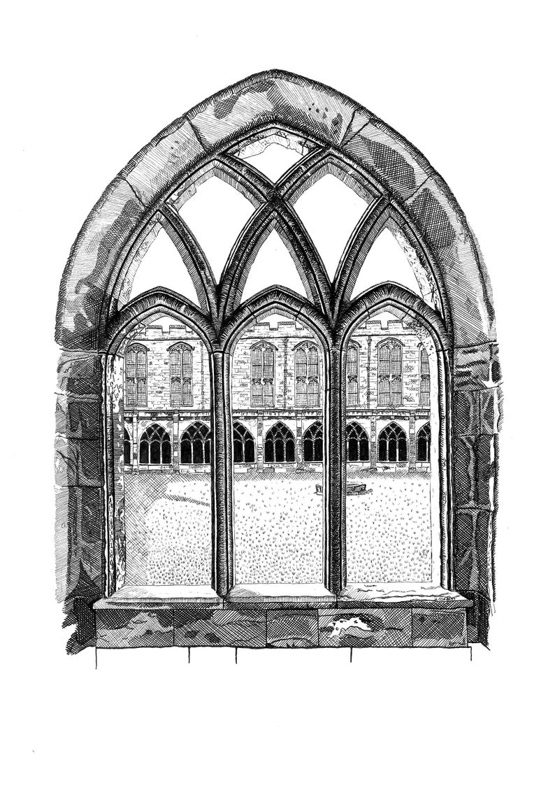Durham Cathedral Cloisters, hand drawn print, pen and ink art image 1