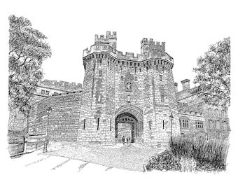Lancaster Castle Print, hand drawn artwork, pen and ink drawing