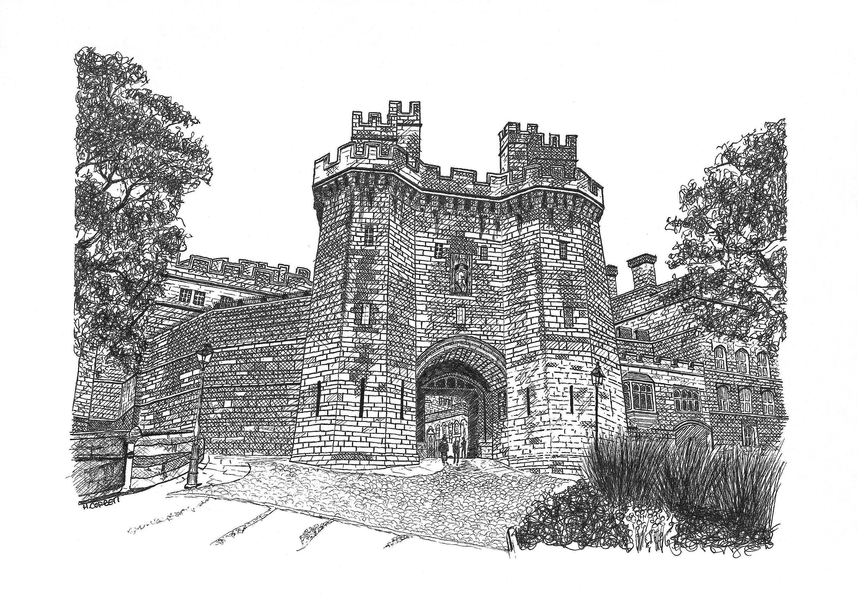 Lancaster Castle Print, handgetekende kunstwerken, pen- en inkttekening
