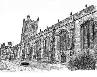 Lancaster Priory Print, hand drawn image, pen and ink artwork