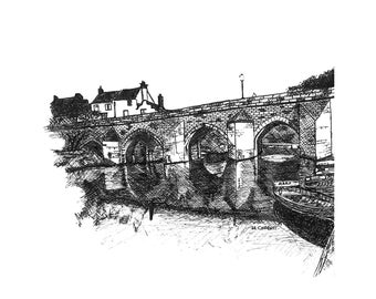 Durham Elvet Bridge, hand drawn print, pen and ink artwork