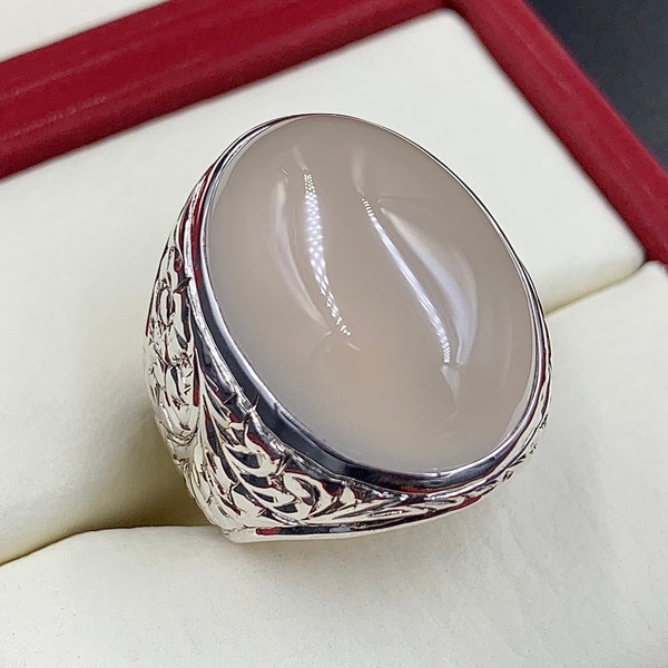 Men Aqeeq Ring, Yemeni Aqeeq Ring For Men, Natural Agate Ring, 925 Sterling Silver Ring For Men, Big White Agate Stone Ring