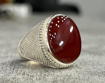 Yemeni Aqeeq Ring For Men, Natural Agate Rings, Carnelian Agate Silver 925 Handmade Ring Islamic Ring Shia Ring