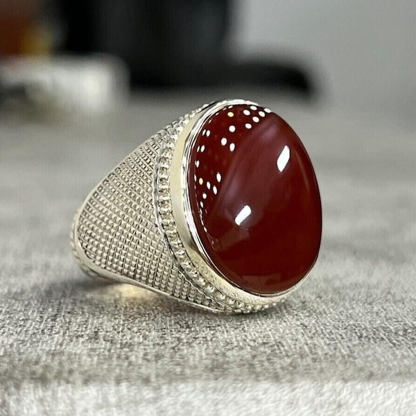 Jemenitischer Aqeeq Ring für Männer, natürliche Achat Ringe, Karneol Achat Silber 925 Handgemachter Ring Islamischer Ring Shia Ring
