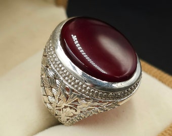Jemenitische Aqeeq ringen voor mannen, natuurlijke Agaat ring Carneool ring zilver 925 handgemaakte ring islamitische ring sjiitische ring