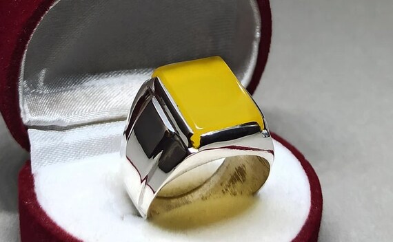 Natural Yemeni Yellow Agate Mens Ring Sterling Silver 925 Zard
