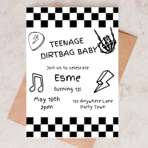 Teenage dirtbag baby party invite. Thirteenth birthday party invitation. Punk rock party invite. Teenager party invitation.