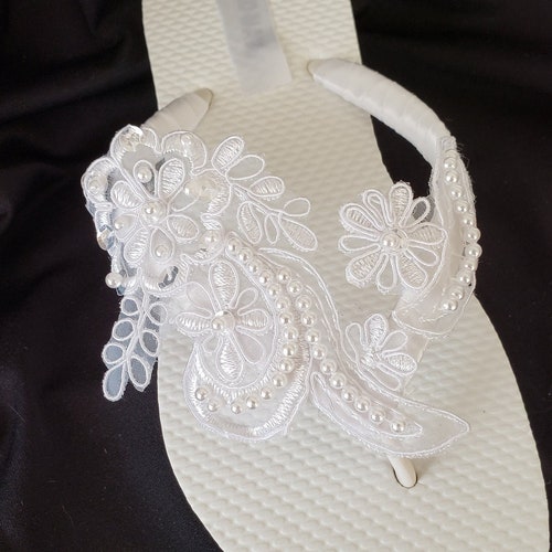 White Flip Flops .pearl Lace Wedding Flip Flops .beach Wedding - Etsy