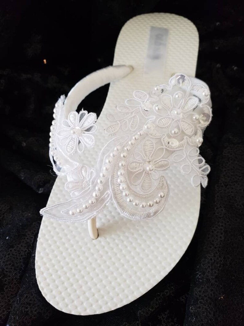 Wedge White Lace Bridal Flip Flops Pearl Wedding Shoes Beach - Etsy