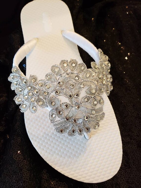 Wedding Flip Flops for Women Handmade Shoes Havaianas White Hippie Boho Gold & Silver Beaded Bridesmaid Sandals Sizes 5-6 US 