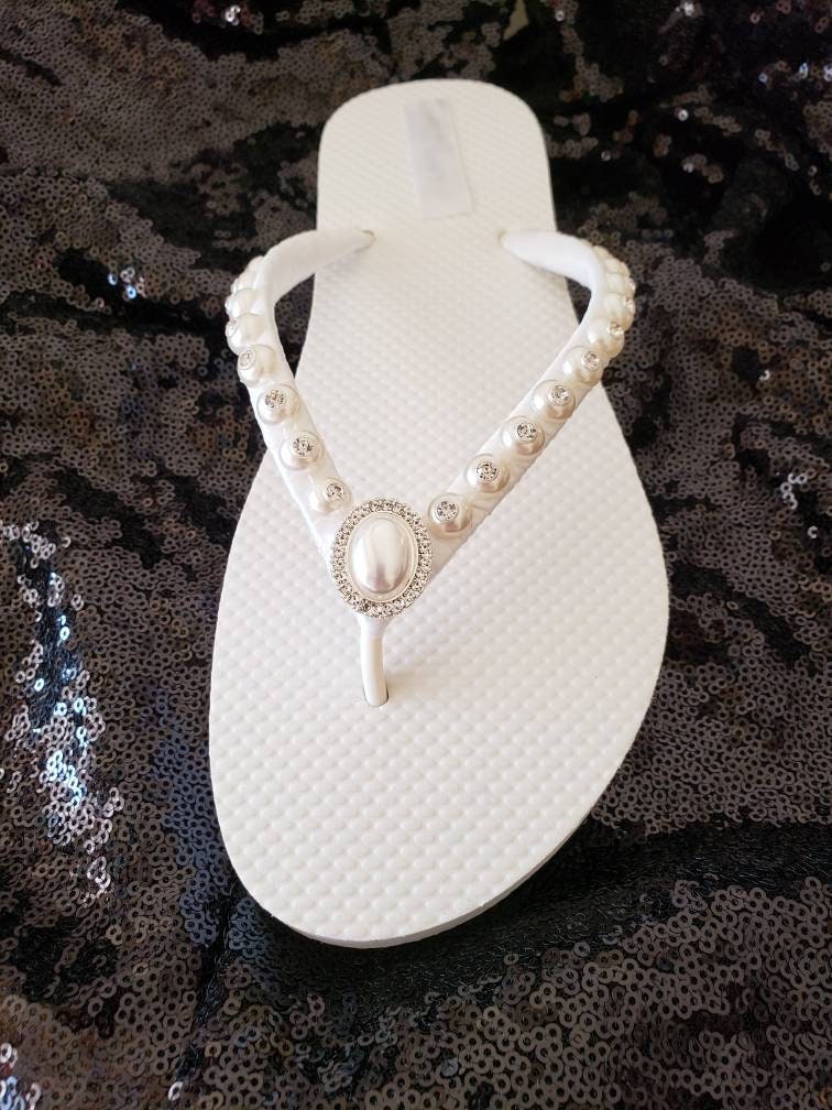 Crystal Pearl Bridal Flip Flops Crystal Wedding Shoes Beach | Etsy