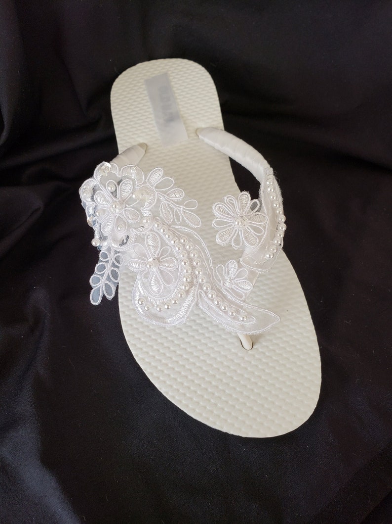 Wedge White Lace Bridal Flip Flops Pearl Wedding Shoes Beach - Etsy