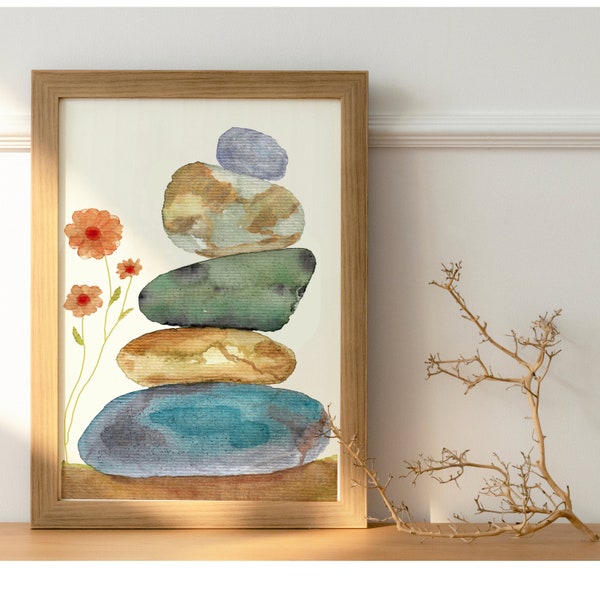 Stacked Rocks - Art Print - Wall Decor - Watercolor Painting Zen Stones Poster  Balanced Rocks Print Wall Art Home Decor Gift for Poster