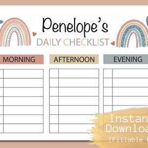 Fillable kids Checklist, Responsibility Chart, To Do List, Horizontal and Vertical Option, Editable Printable PDF, Rainbow