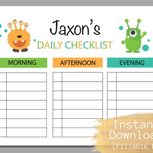 Monster tägliche Checkliste, Verantwortungsdiagramm für Kinder, Aufgabenliste, horizontale und vertikale Option, ausfüllbares druckbares PDF