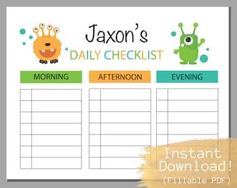 Könnte beinhalten: Eine druckbare tägliche Checkliste mit Monster-Motiv. Die Checkliste ist in drei Abschnitte unterteilt: Morgen, Nachmittag und Abend. Jeder Abschnitt hat einen leeren Platz zum Schreiben von Aufgaben. Die Checkliste trägt den Titel "Jaxon's Daily Checklist" und enthält ein grünes Monster und ein orangefarbenes Monster.
