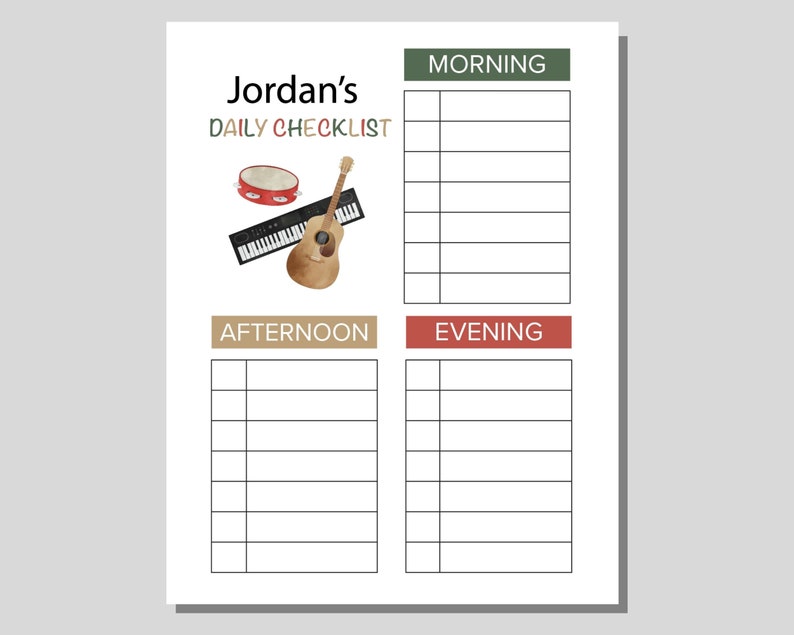 Kids Music Instrument Checklist: Daily Responsibility Chart (printable ...