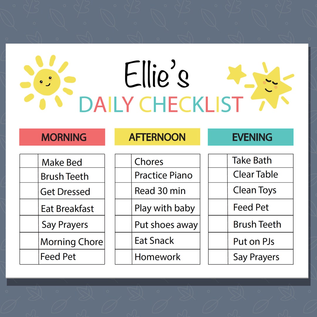 Kids daily checklist responsibility chart to do list horizontal and