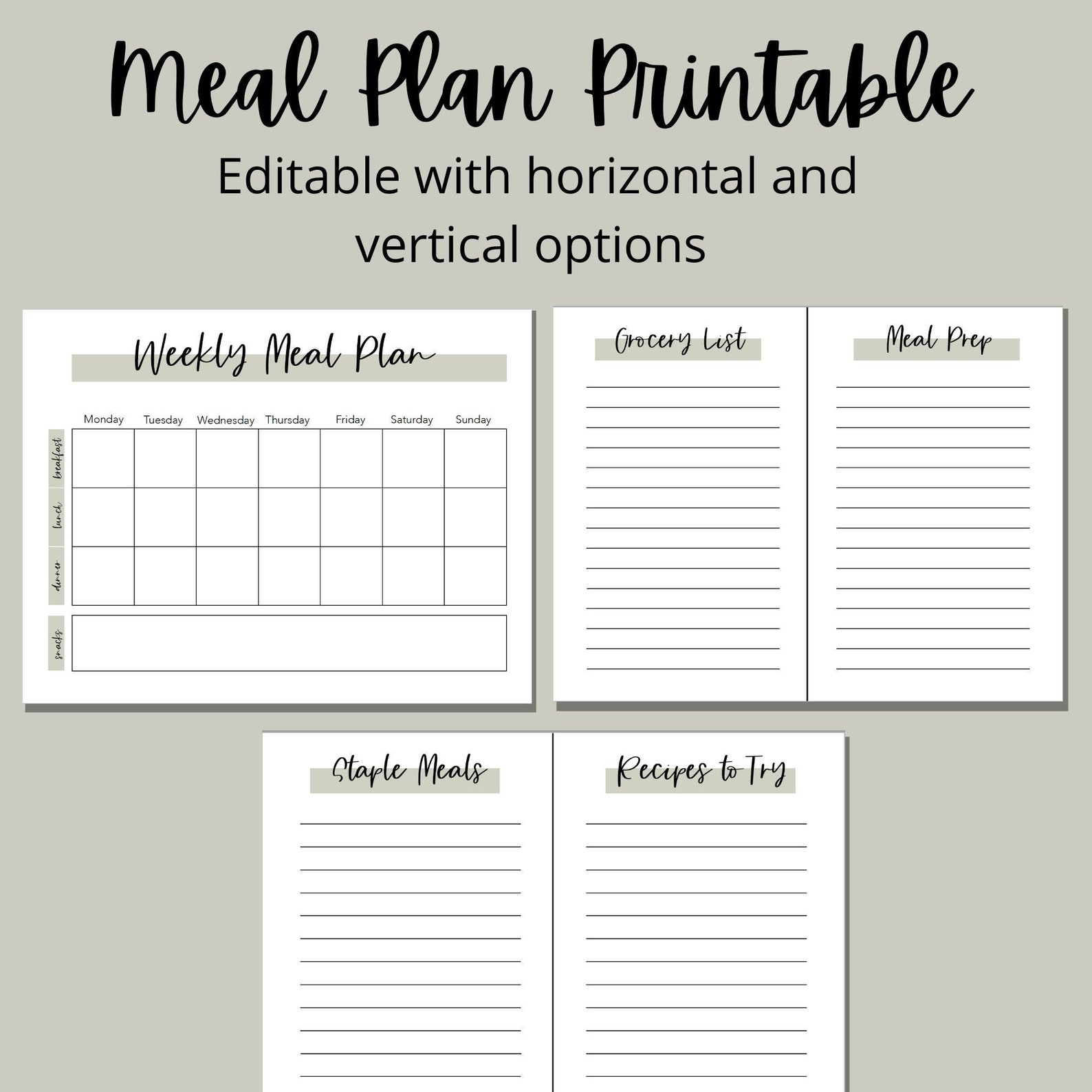 Weekly Meal Plan Template, Horizontal and Vertical Option, Editable ...