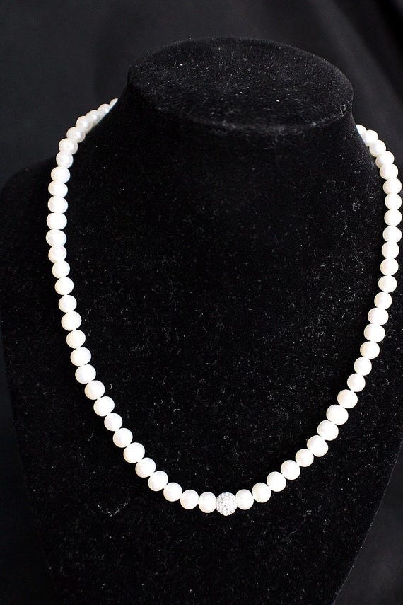 Fresh Water Pearl Necklace 925 Clasp Marked CM With Rhinestone Bead