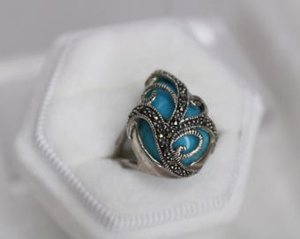 Chrysocolla Vintage J&T Sterling Silver 925 Marcacite Swirl Design Ring