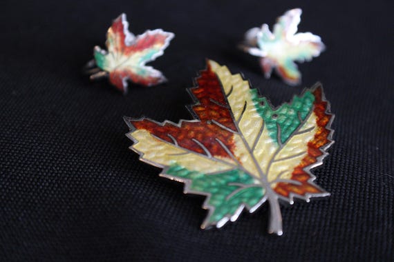 Sterling Silver BCMO Canadian Maple Leaf Enamel Brooch And Earrings