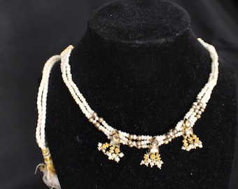 Vintage Freshwater Pearl Necklace: Rhinestone Tassel, Triple Strand