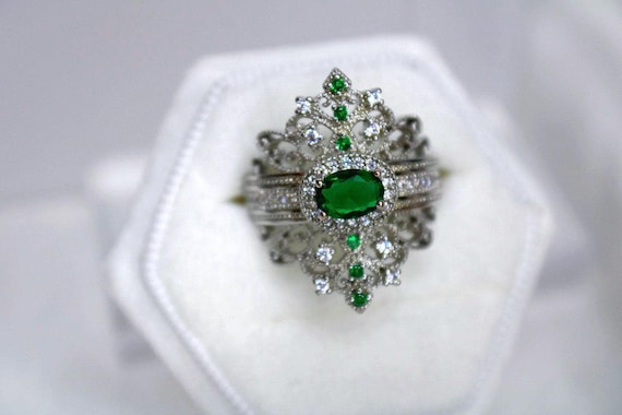 Filigree Emerald Ring Sterling Plated Marked 925 Victorian Style (Tested)