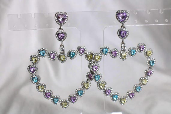 Silver Heart Rhinestone Pierced Earrimgs With Sterling Posts