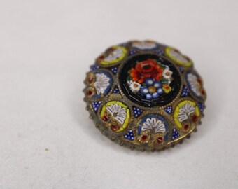 Vintage Italian Micro Mosaic Brooch Set: Gold Toned Floral Glass