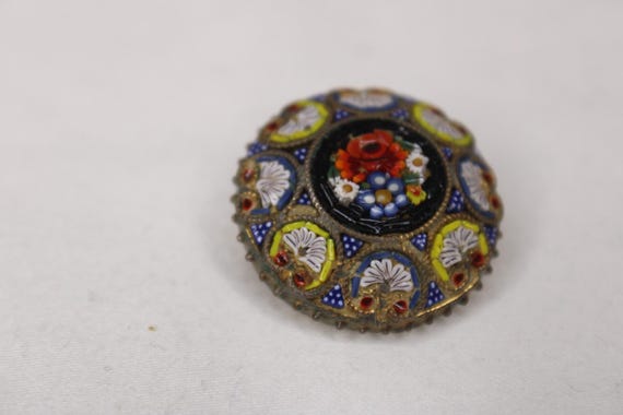 Vintage Micro Mosiac Brooch Set Of Two Italian Glass Brooches, Gold Toned Italian Brooches