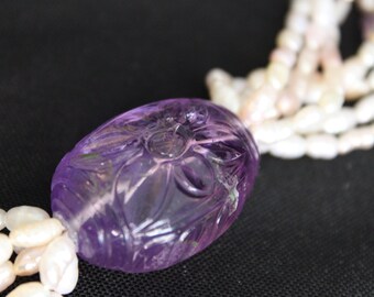 Rice Pearl & Carved Amethyst Necklace: 14kt Gold Clasp