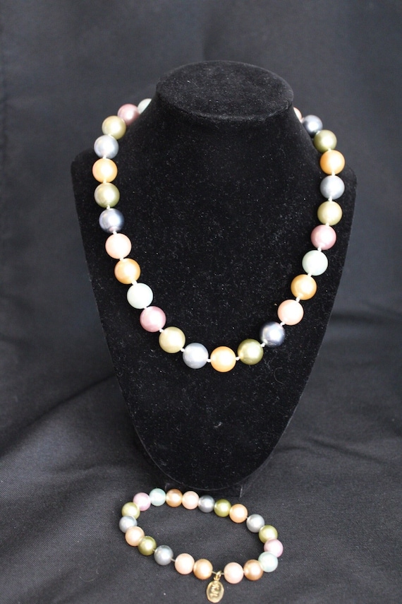Kenneth Jay Lane Signed Pastel Faux Pearl Necklace & Matching Bracelet (Bracelet Needs to be Restrung)