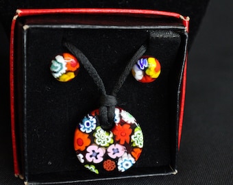 Glass of Venice Murano Glass Millefiori Necklace And Earrings With Box