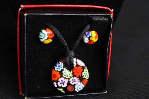 Glass of Venice Murano Glass Millefiori Necklace And Earrings With Box