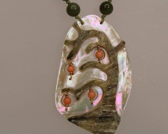 Green Jade Necklace: Mother of Pearl Windswept Pendant, Coral Beads