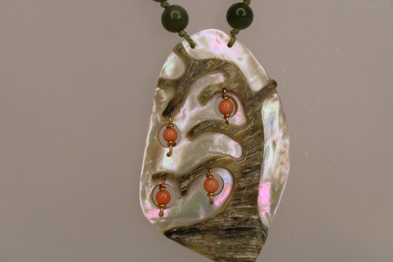 Green Jade Necklace, Mother of Pearl Necklace, Coral Windswept Necklace