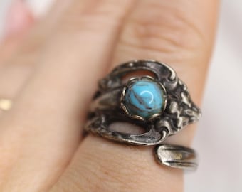 Vintage Sterling Silver Turquoise Spoon Ring - Adjustable Size 7.5