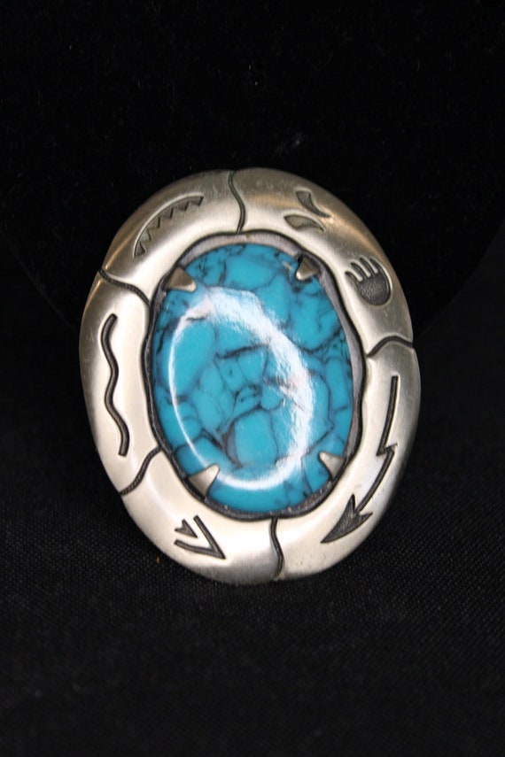 Vintage Bell Trading Post Marked Nickle Silver Faux Turquoise Bolo Tie