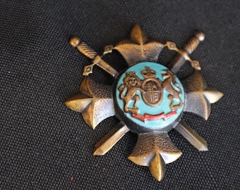 Vintage Metal Heraldic Crossed Swords Lion Dragon Shield Brooch Pin