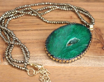 Lucas Lameth Lucoral Malachite Druzy Pendant Necklace signed LUC 925 CN