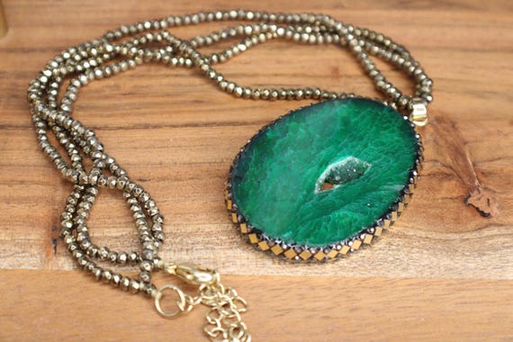 Lucas Lameth Lucoral Malachite Druzy Pendant Necklace signed LUC 925 CN