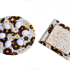 Fused glass Flowers Passover Seder Plate and  Matzah Tray  Set - judaica gift  - table décor - made in israel