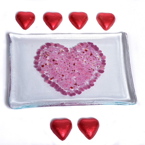 Hearts Fused Glass Plate, Sushi platter, Hearts, Serving Tray or Dish, unique hostess gift, pink platter, tableware, Valentines Day Heart