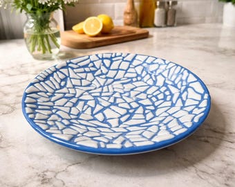 Handmade Fused Glass Bowl: Blue and White Mosaic Matte Texture (26cm)