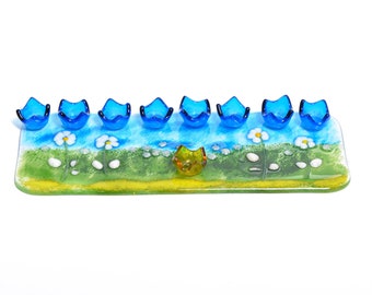 Fused glass Hanukkah menorah,modern menorah, floral menorah , Gift, Bar Bat Mitzvah Gift, Menorah - Made in Israel